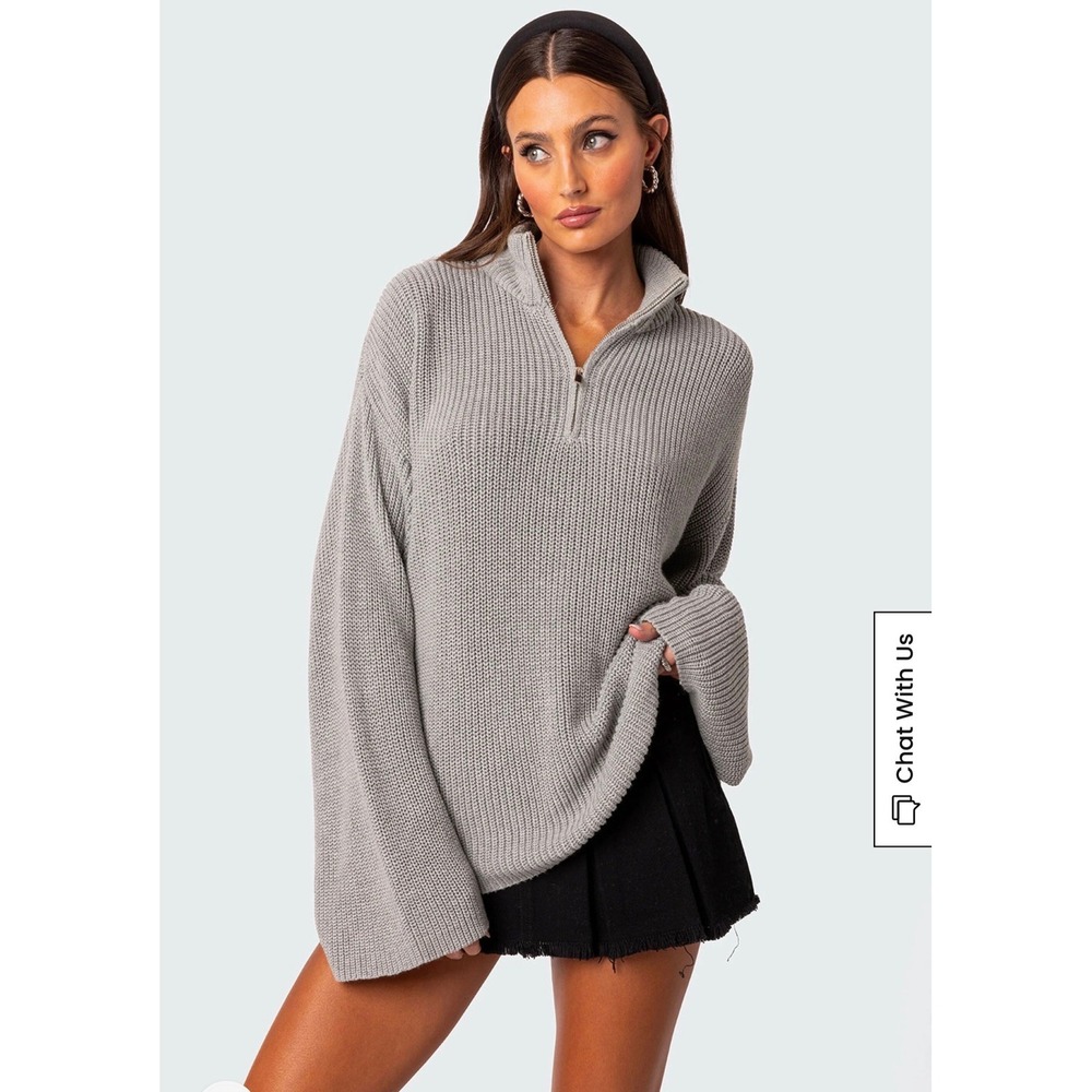 Edikted Grey Ribbed Quarter Zip‎ Oversized Sweater Wide Bell Sleeve Small